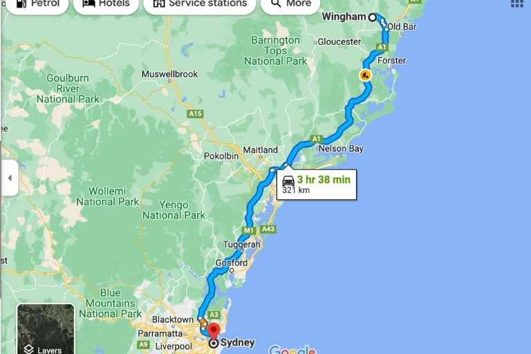 Wingham to Sydney driving route