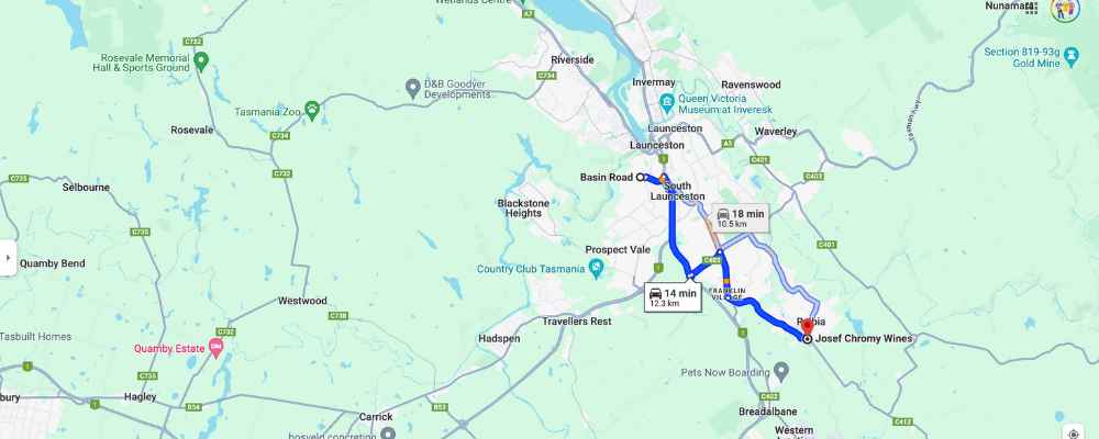 Driving Route from The Basin Cafe to Josef Chromy Wines